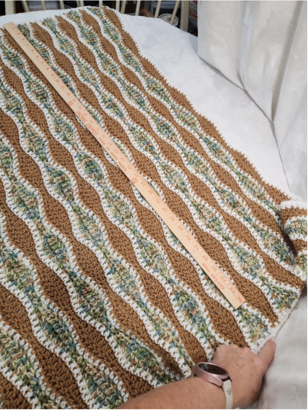 Hand Crocheted Baby Afghan Blanket Brown Green White Ripple 36 x 40 - Picture 4 of 6